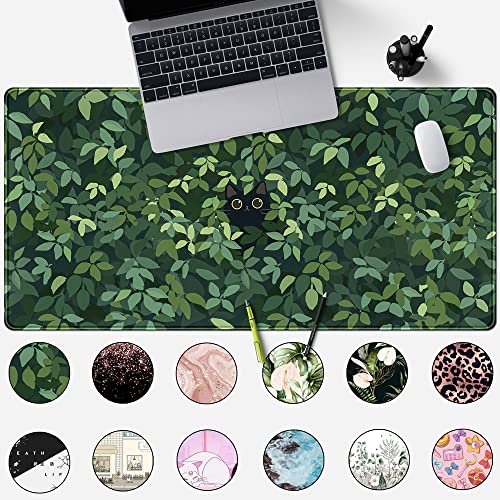 Cute Cat Desk Mat Kawaii Green Desk Pad - Large Gaming Mouse Pad Laptop Mat | Desk Pad Large Anime Gaming Mouse Pad for Desk Computer Office Keyboard Laptop 31.5x15.7 in - Non-Slip Base, Stitched Edges - color: Green Plants Black Cat