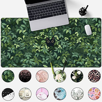 Cute Cat Desk Mat Kawaii Green Desk Pad - Large Gaming Mouse Pad Laptop Mat | Desk Pad Large Anime Gaming Mouse Pad for Desk Computer Office Keyboard Laptop 31.5x15.7 in - Non-Slip Base, Stitched Edges - color: Green Plants Black Cat
