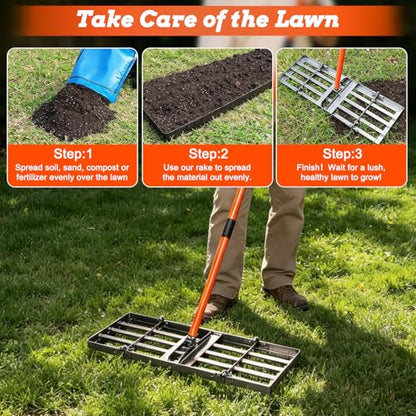 Lawn Leveling Rake, 30" x 10" Lawn Leveler Tool | Heavy Duty Lawn Levelling Rake with 78" Adjustable Handle,Stainless Steel rake for Soil Garden, Golf Course, Farm and Pasture