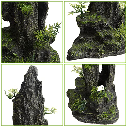 Saim Fish Tank Decorations, 14.4'' Tall Mountain View Stone Aquarium Ornament, Artificial Mountain Hill View Stone Rock Cave Fish Hiding Cave for Betta Amano Shrimp Cichlid to Play,Hide and Rest - A