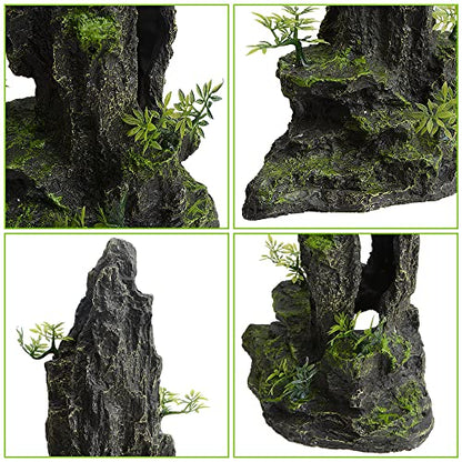 Saim Fish Tank Decorations, 14.4'' Tall Mountain View Stone Aquarium Ornament, Artificial Mountain Hill View Stone Rock Cave Fish Hiding Cave for Betta Amano Shrimp Cichlid to Play,Hide and Rest - A