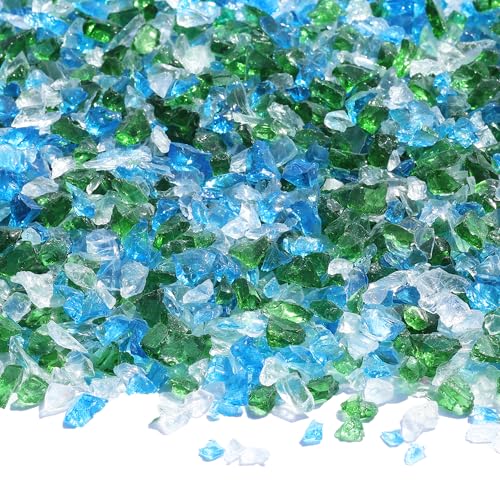 QYGL Crushed Glass for Resin Art, DIY Crafts, 0.9LB Green Mixed 3-6mm | Broken Glass Pieces for Vase Fillers, Tabletop Fire Pit, and Aquarium Rocks and Home Decor - color: Green, Aquamarine, White