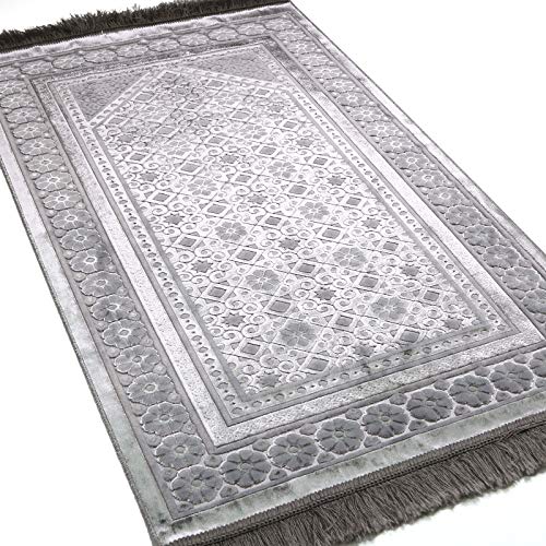 Modefa Velvet Prayer Rug - Soft Plush Turkish Janamaz Sajada Carpet for Men and Women - Plain Solid Prayer Mat Ramadan Eid Gift - with Prayer Beads - Luxury Floral Stamp (Silver Grey) - color: Silver Grey