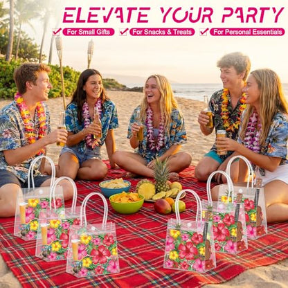 Aliceset 24 Pcs Clear Hawaiian Gift Bags with Handles Tropical Floral Hawaiian Luau Party Favor Bag for Aloha Theme Tropical Luau Summer Party with Palm Leaves 6.31"x 5.91"x 3.15" - style: Hibiscus with Leaves