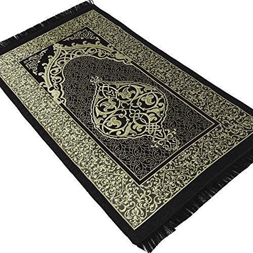 Modefa Muslim Woven Chenille Prayer Rug, Ottoman Black + Blue | Thin Chenille and Taffeta Turkish Intricate Metallic Ottoman Salah Mat - color: Black + Blue