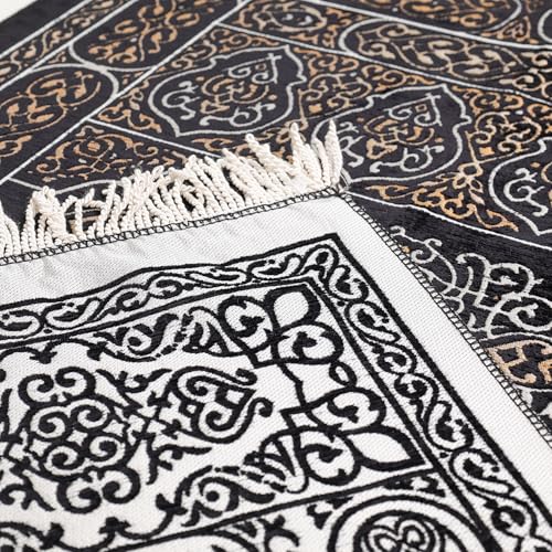 Mihrab Islamic Prayer Rug, Arabesque Velvet Janamaz and Sajadah | Geometric Motif, Black Prayer Mat with Gold Accents and Fringes, Elegant Turkish Namaz Rug for Men Women, 27 x 43 In - color: Black Kaaba Door