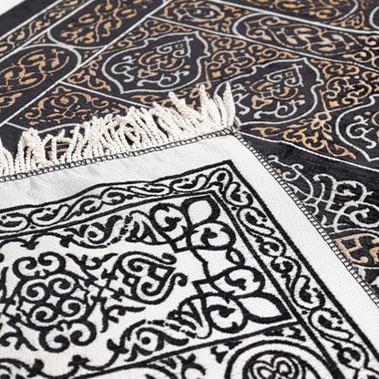 Mihrab Islamic Prayer Rug, Arabesque Velvet Janamaz and Sajadah | Geometric Motif, Black Prayer Mat with Gold Accents and Fringes, Elegant Turkish Namaz Rug for Men Women, 27 x 43 In - color: Black Kaaba Door