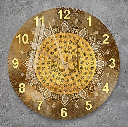 Tempered Glass Islamic Wall Clock, Islamic Wall Art for Living Room, Islamic Wall Decor, Eid Gifts, Muslim Home Decor, Quran, Ramadan Decoration, Arabic Calligraphy (Brown Names of Allah) - style: Brown Names of ALLAH