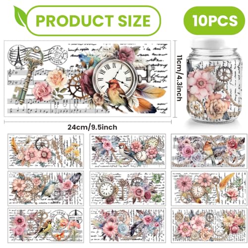 arricraft 10 Sheets UV DTF Cup Wrap, 10 Styles Vintage Flower Bird Clock Words Rub on Transfers PVC Transfer Stickers Waterproof Rub Decals for DIY 16OZ Glass Cups Furniture Wood - style: Vintage