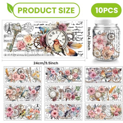 arricraft 10 Sheets UV DTF Cup Wrap, 10 Styles Vintage Flower Bird Clock Words Rub on Transfers PVC Transfer Stickers Waterproof Rub Decals for DIY 16OZ Glass Cups Furniture Wood - style: Vintage