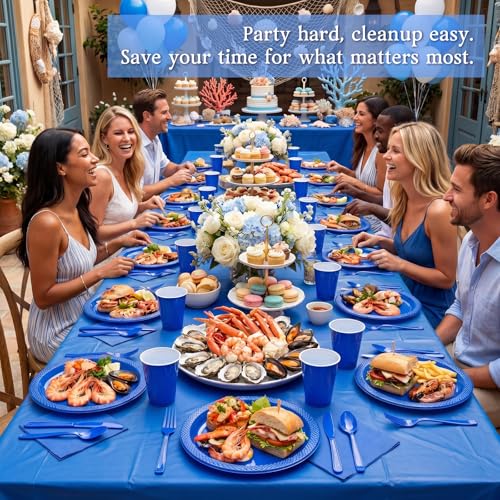 Tinybee 352 Pcs Blue Plastic Plates, Disposable Dinnerware Set for 50 - color: Dark Blue