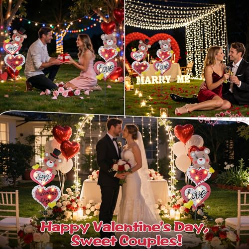Lewondr 2 Pcs Valentine's Day Decorations Outdoor, Metal Solar Pathway Lights, Love Bear Decorative Garden Stakes Lights with 12 LED Beads, Waterproof Yard Signs for Porch Lawn Wedding Anniversary - style: Heart and Bear