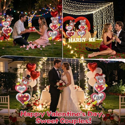 Lewondr 2 Pcs Valentine's Day Decorations Outdoor, Metal Solar Pathway Lights, Love Bear Decorative Garden Stakes Lights with 12 LED Beads, Waterproof Yard Signs for Porch Lawn Wedding Anniversary - style: Heart and Bear