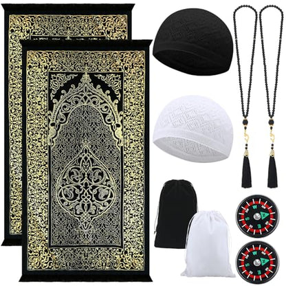 Mindsoft 10 Pcs Muslim Prayer Rug Islamic Prayer Mat with Kufi Hats Prayer Cap, Muslim Tasbih Prayer Beads, Portable Compass and Storage Bags for Men Women Kids Ramadan Eid Travel Gifts Black, Gold