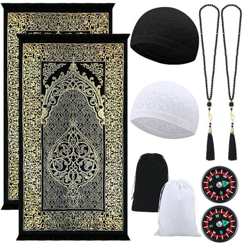 Mindsoft 10 Pcs Muslim Prayer Rug Islamic Prayer Mat with Kufi Hats Prayer Cap, Muslim Tasbih Prayer Beads, Portable Compass and Storage Bags for Men Women Kids Ramadan Eid Travel Gifts Black, Gold