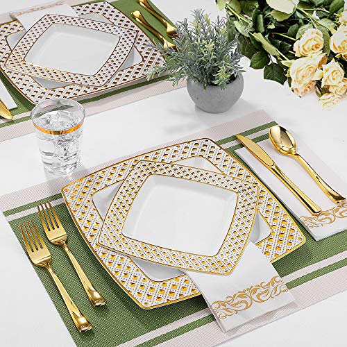 FOCUSLINE 175 Ct Gold Dinnerware Set for 25 Guests - Square Plastic Plates with Diamond Rim, Including 25 Disposable Dinner & Dessert Plates, Napkins, Cups, Cutlery - color: Gold Diamond Rim Plates