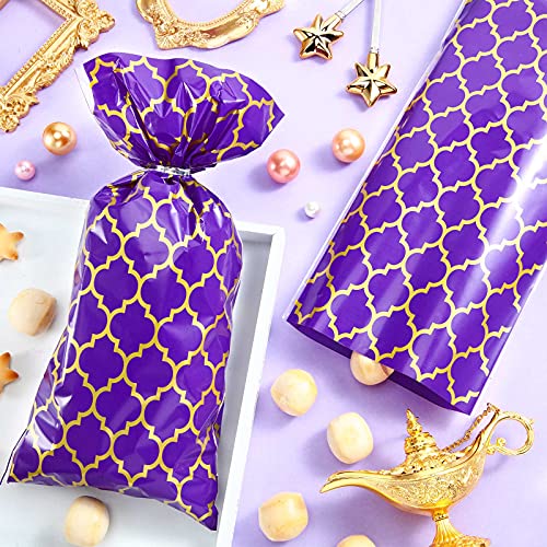 Tenare 100 Pcs Arabian Purple Gold Cellophane Treat Bags with Twist Ties Plastic Candy Goodie Gift Wrap Princess Arabian Nights Party Decorations for Halloween Bakery, Birthday, Wedding, Party Favors