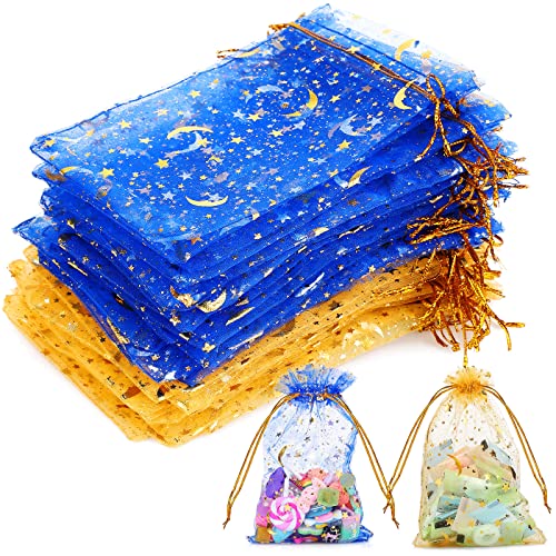 Shappy 50 Pieces Eid Mubarak Favor Moon Star Organza Bags Drawstring Sheer Mesh Latern Muslim Ramadan Tulle Jewelry Candy Gift Pouches for Party Wedding Supplies Decoration gold