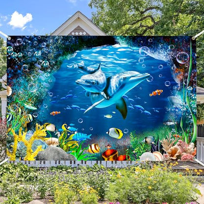 Ocean Dolphins Backdrop 10x8 FT Under the Sea Cave Photo Backdrops Underwater Corals Fish Party Decorations Background Kinds Adult Baby Shower Birthday Photo Booth Props - size: 10x8 FT