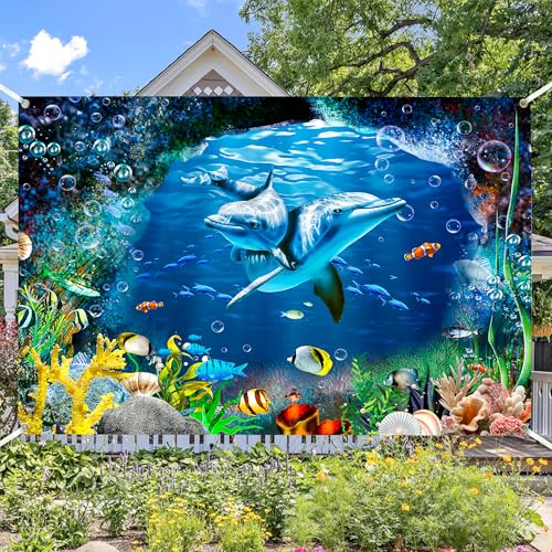 10x6 FT Ocean Dolphins Backdrop Under the Sea Cave Photo Backdrops Underwater Corals Fish Party Decorations Background Kinds Adult Baby Shower Birthday Photo Booth Props - size: 10x6 FT