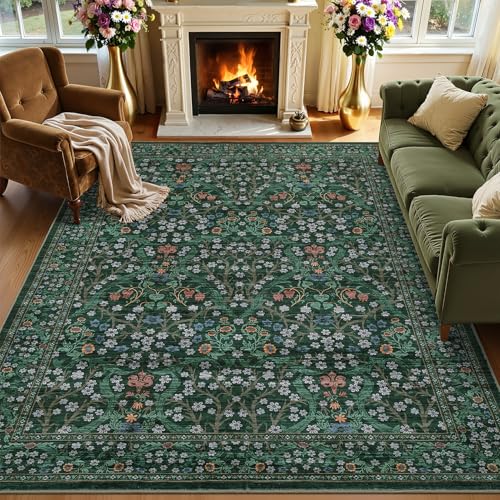 GarveeHome 6x9 Washable Area Rug for Living Room, Floral Dining Room Rugs for Under Table, Low Pile Non-Slip Stain Resistance Floor Carpet for Bedroom, Dark Green - color: B.dark Green, size: 6' x 9' (Rectangular)