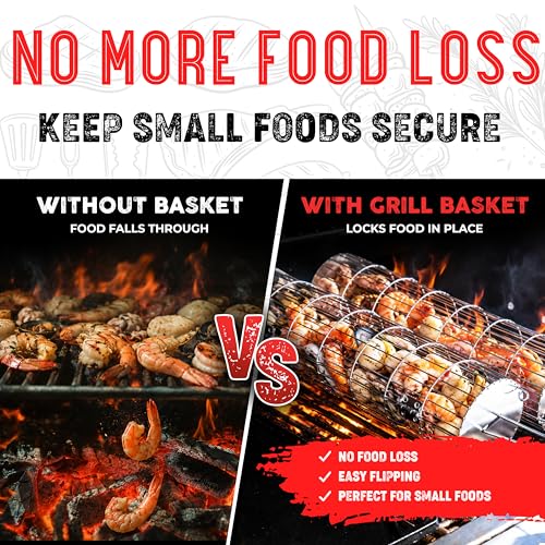 Rolling Grill Basket, Removable Wooden Handle, Extra Sturdy Cylinder Grilling Basket, Food Grade Stainless Steel, Portable Outdoor Camping accessories BBQ Net Rack, Cooking Griller for Fish, Vegetables, and More - Gifts for Men Dad Husband - Set of 2