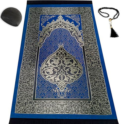 Muslim Prayer Rug Prayer Beads Kufi Hat for Men and Women 100% Breathable Black Skull Beanie Traditional Desing Prayer Mat Eid Ramadan Gifts Islamic Set Salah Mat Taffeta Fabric Soft (Blue) - color: Blue