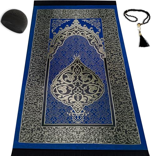 Muslim Prayer Rug Prayer Beads Kufi Hat for Men and Women 100% Breathable Black Skull Beanie Traditional Desing Prayer Mat Eid Ramadan Gifts Islamic Set Salah Mat Taffeta Fabric Soft (Blue) - color: Blue