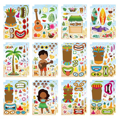 Summer Stickers, Hawaii Make a Face Sticker, Aloha Tiki Totem | 24 Sheets Make Your Own Beach Tropical Cartoon Mix and Match Stickers Hawaiian Coconut Tree Summer Luau Party Favors - style: Summer Stickers