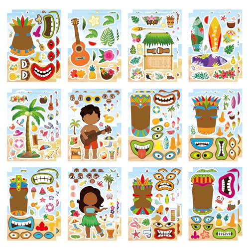 Summer Stickers, Hawaii Make a Face Sticker, Aloha Tiki Totem | 24 Sheets Make Your Own Beach Tropical Cartoon Mix and Match Stickers Hawaiian Coconut Tree Summer Luau Party Favors - style: Summer Stickers