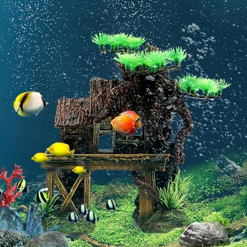 kathson Aquarium Decorations Fish Tank Ornaments House on Terrace with Tree Root Resin Handicrafts for Betta Fish