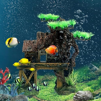 kathson Aquarium Decorations Fish Tank Ornaments House on Terrace with Tree Root Resin Handicrafts for Betta Fish