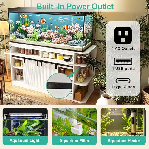 55-75 Gallon Aquarium Stand with Power Outlet & LED Light, Heavy Duty Fish Tank Stand with Sliding Barn Doors, Storage Cabinet for Turtle Tank & Reptile Terrarium, 1200LBS (White-2) - color: White-2