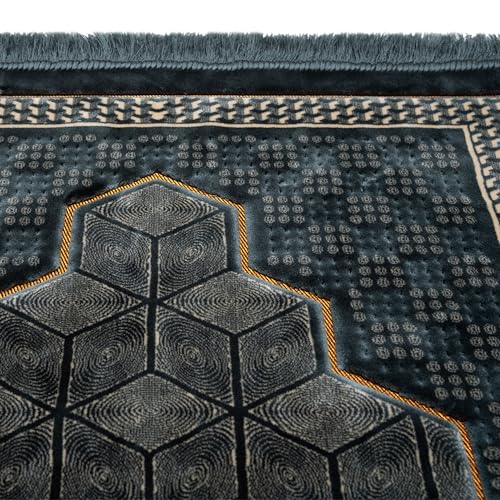 Modefa Turkish Islamic Velvet Prayer Rug - Thick & Wide Soft Carpet for Men & Women - Double Plush Large Janamaz - Eid & Ramadan Gift - with Kufi, Beads & Car Hanger - Geometric Noor (Ice Blue) - color: Ice Blue