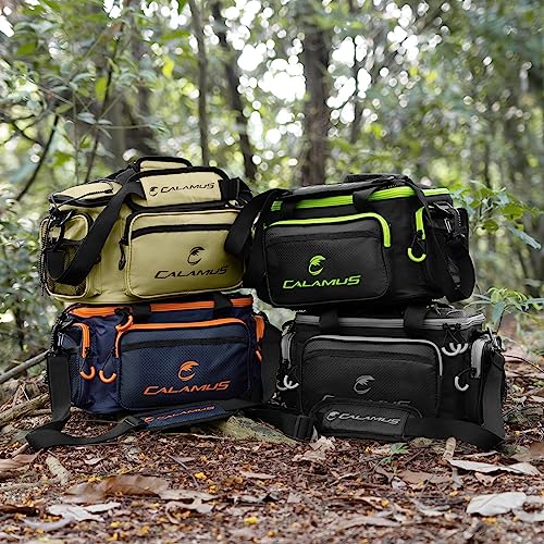 Calamus TB61 Fishing Tackle Bag, Fishing Gear, Gifts for Angler, Green | Saltwater & Freshwater Fishing Bags, Rip-Stop PE, Padded Shoulder Strap, Pliers Storage, Easy to Organize, Functional Design - color: A：Green(without trays)-14.3*9*7.5 inches