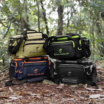 Calamus TB61 Fishing Tackle Bag, Fishing Gear, Gifts for Angler, Green | Saltwater & Freshwater Fishing Bags, Rip-Stop PE, Padded Shoulder Strap, Pliers Storage, Easy to Organize, Functional Design - color: A：Green(without trays)-14.3*9*7.5 inches