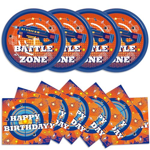 48Pcs Dart War Paper Plates and Napkins Dart War Party Decorations Blue and Orange Birthday Party Supplies Battle Video Game Disposable Tableware Set for Kids Boys' Birthday Baby Shower Serves 24 - style: Dart War