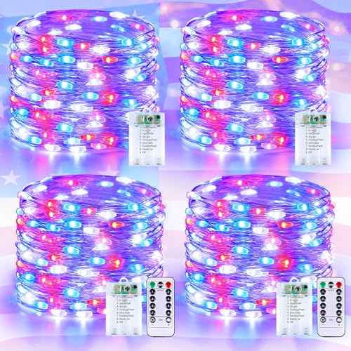 4Pack 80FT 240LED Red White and Blue Fairy Lights Battery Operated with Remote | 4th of July Decorations Twinkle Lights with Timer | American Flag Light for Independence Day Patriotism Decorations - color: Red White & Blue, size: 4PK 240LED With Remote