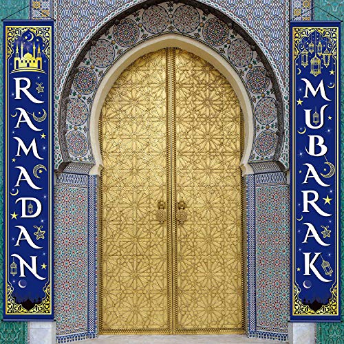 Blulu Ramadan Mubarak Door Banner Ramadan Porch Sign Banner Eid Mubarak Decoration Muslim Hanging Door Decoration for Indoor Outdoor Decor Eid Al-fitr Party Supplies(Blue) - color: Blue