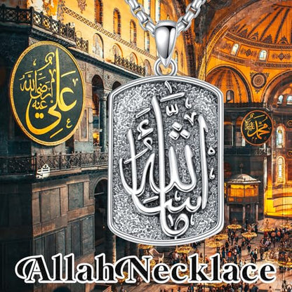 Allah Necklace 925 Sterling Silver Islamic Muslim Necklace Arabic Calligraphy Allah Dog Tag Pendant Islamic Jewelry gifts for Men Women - style: Allah-Mashallah