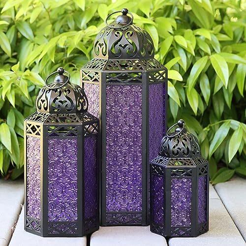 VELA LANTERNS Set of 3 Purple Glass & Black Metal Moroccan Candle Lantern Holders (XL, Large, Small) - Decorative Indoor/Outdoor Decor for Patio, Floor, Weddings & Ramadan - color: Purple, size: XL-LAR-SM