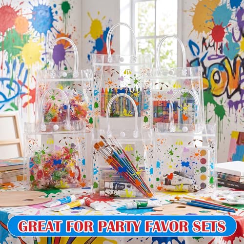 Aliceset 24 Pcs Paint Party Favor Bags Transparent PVC Painting Gift Bags with Handles Reusable Transparent Goodie Tote for Paint Splatter Birthday Art Painting Party Baby Shower Treat Totes - style: Paint