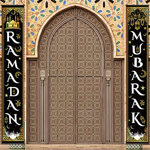Blulu Ramadan Mubarak Door Banner Ramadan Porch Sign Banner Eid Mubarak Decoration Muslim Hanging Door Decoration for Indoor Outdoor Decor Eid Al-fitr Party Supplies(Black) - color: Black