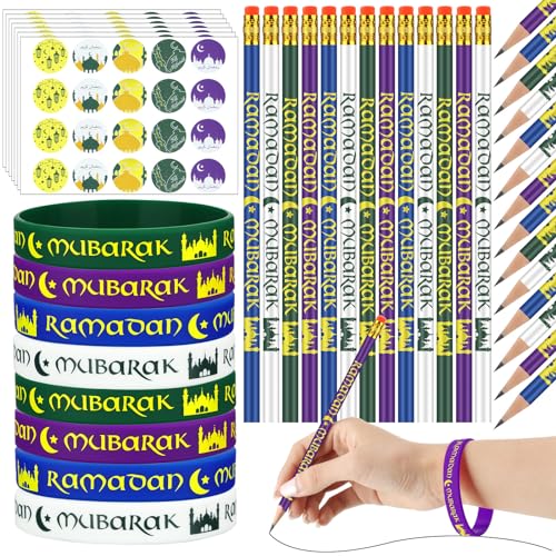 TecUnite 130 Pcs Ramadan Gifts 2026 Eid Mubarak Gifts Bulk for Kids Includes Eid Pencils Silicone Wristbands Islamic Stickers Ramadan Party Supplies for Kareem Basket Bag Stuffers Decoration