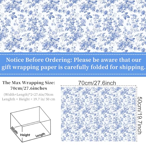 Keluna Blue Bow Gift Wrapping Paper - 12 Pcs Cute Bow Chinoiserie Art Design Gifts Wrap Paper For Valentine'S Day Boy Birthday Bachelorette Party Baby Shower Wedding Holiday - color: blue flower
