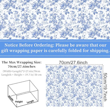 Keluna Blue Bow Gift Wrapping Paper - 12 Pcs Cute Bow Chinoiserie Art Design Gifts Wrap Paper For Valentine'S Day Boy Birthday Bachelorette Party Baby Shower Wedding Holiday - color: blue flower