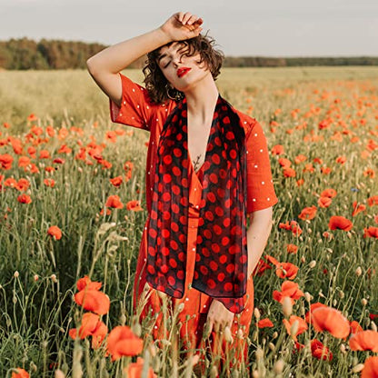 E-Clover Women Soft Floral Print Shawl Chiffon Sheer Scarf - color: Polka Dot-black Red