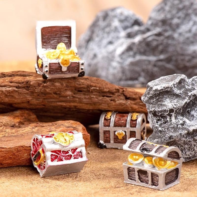 8Pcs Mini Aquarium Treasure Chest Miniature Gold Jewelry Box Model | for DIY Diorama Craft Fish Tank Terrarium Decorations