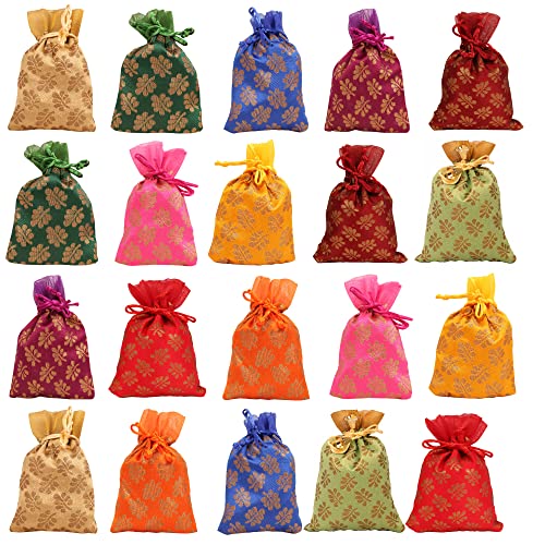 Touchstone Drawstring Bags Traditional Indian Handcrafted Fabric Perfect for Gifts Jewelry Weddings Pouches Purses Potli - color: 미모사 잎_멀티컬러 (20개 팩), size: 7x5 inches