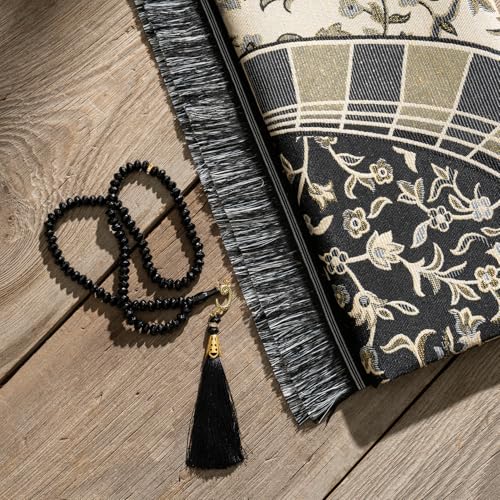 Muslim Prayer Rug with Islam Prayer Beads - Travel Prayer Mat, Islamic Gifts for Women, Portable Prayer Matt Islam, Islamic Prayer Rug Islam Men Women, Praying Mat for Muslim Gifts, Black - color: Black